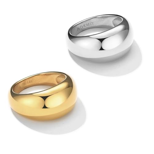 NOKMIT Chunky Dome Rings for Women Dainty 14K Gold Silver Tone Cute Bold Dome Statement Ring Thick Minimalist Thumb Band High Polished Smooth Comfort Fit Size 5-10 - color: Thick-Gold & Silver
