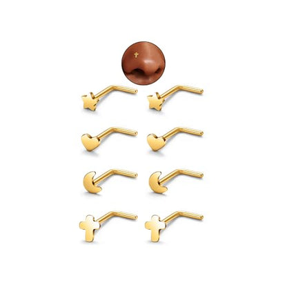 20G Nose Rings for Women, L Shaped Nostril Piercing Studs | 316L Stainless Steel, 0.8 mm×7 mm, 2 mm CZ or 3-4 mm Heart, Star, Moon and Cross, Gold-Tone or Silver-tone, Daily Wear - style: Gold Style B