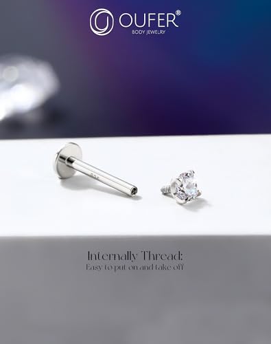 OUFER 925 Sterling Silver Flat Back Earrings, Clear CZ 16G Helix Piercing Jewelry, Silver Internally Threaded Cartilage Earrings Stud, Silver Lip Labret Rings for Women - color: Silver-2mm