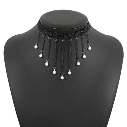 Lace Choker Necklace for Women Gothic Pearl Pendant Necklace Halloween Cosplay Jewelry - color: Black