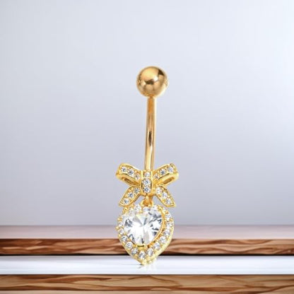 B BodyPJ Sparkles Peach Heart Bow Stainless Steel CZ Dangle Navel Piercing Barbell Belly Button Rings For Women - color: Gold+Clear CZ