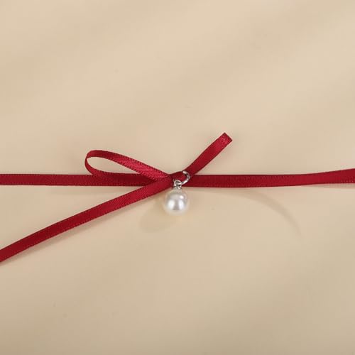 Vintage Punk Velvet Ribbon Bow Choker Necklace Red and Black Satin Bow Tie Choker Necklace Pearls Pendant Bowknot Collar Choker Boho Velvet Bowknot Pearls Pendant Necklace for Women(red3)