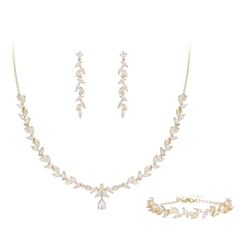 BriLove Wedding Jewelry Set Cubic Zirconia for Women Bride Bridesmaid | Gorgeous Marquise Teardrop Leaf Cluster Y-Necklace Dangle Earrings Link Bracelet Set for Bridal Prom Accessories - color: Clear Gold-Plated-Brass