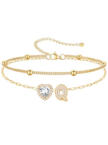 PROSTEEL Initial Ankle Bracelets for Women Waterproof, A-Z Gold/Silver Layered Anklets Adjustable, Summer Beach Gift Jewelry - color: Gold, size: Q