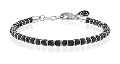 Beaded Bracelet for Men and Women – Natural Lava Gemstone Bracelet, Hematite and Stainless Steel – Adjustable, Durable and Elegant – Made in Italy - color: Black
