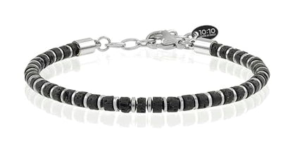 Beaded Bracelet for Men and Women – Natural Lava Gemstone Bracelet, Hematite and Stainless Steel – Adjustable, Durable and Elegant – Made in Italy - color: Black