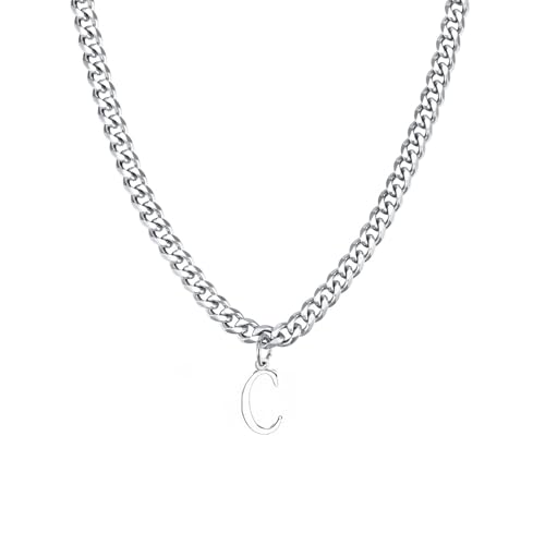 Stainless Steel Initial A-Z Necklace for Men Women,Cuban Chain,Titanium Steel Initial Letter Pendant Charm Necklaces Accessories Jewelry for Woman Man,21 Inch Chain - color: C