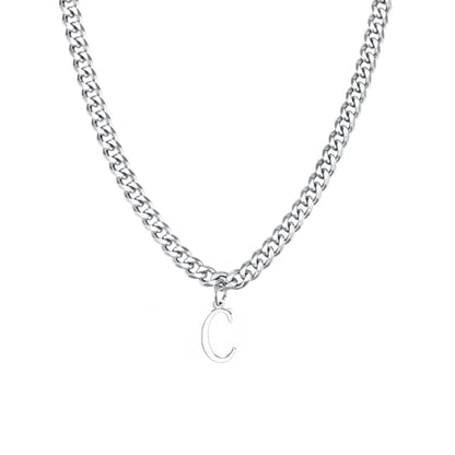 Stainless Steel Initial A-Z Necklace for Men Women,Cuban Chain,Titanium Steel Initial Letter Pendant Charm Necklaces Accessories Jewelry for Woman Man,21 Inch Chain - color: C