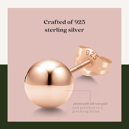 KEZEF 925 Sterling Silver Ball Stud Earrings for Women, 2mm to 10mm | Nine Bead Sizes, Three Finishes, Hypoallergenic Nickel Free Post, Butterfly Push Back, Sold As One Pair - color: Rose Gold, size: 3mm