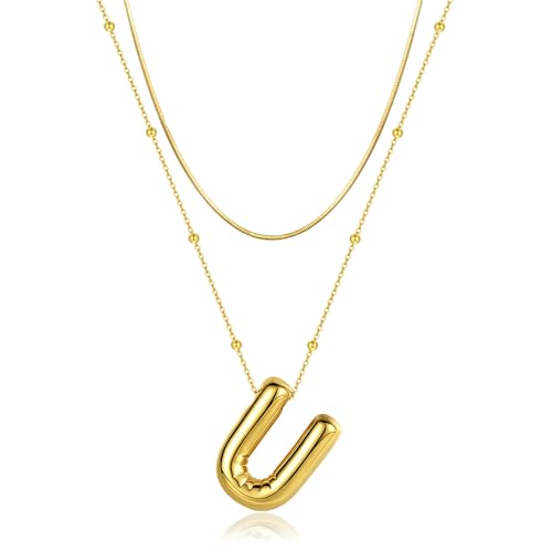 LUCA SMITH 2-Piece Initial Necklaces for Women, Dainty Balloon Bubble A-Z Letter Necklace Set, Name Letter Alphabet Pendant Layered Choker Necklaces Personalized Jewelry Gift - color: Gold bubble letter necklace, style: Initial Set-U