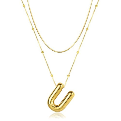 LUCA SMITH 2-Piece Initial Necklaces for Women, Dainty Balloon Bubble A-Z Letter Necklace Set, Name Letter Alphabet Pendant Layered Choker Necklaces Personalized Jewelry Gift - color: Gold bubble letter necklace, style: Initial Set-U