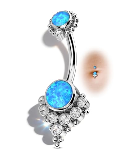 G23 Solid Titanium Belly Button Rings for Women Bezel Cluster 14G Implat-Grade Hypoallergenic Navel Rings Cute 14g Belly Rings - color: B-Blue Opal