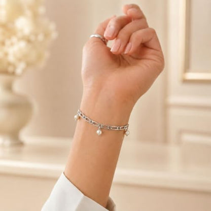 Blue Apple Co. 925 Sterling Silver Figaro Link Pearl Bracelet for Women