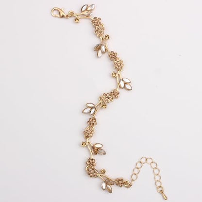 Brides Bridesmaid Flower Leaf Choker Necklace Dangle Earrings Link Bracelet Austrian Crystal Wedding Jewelry Set for Prom Costume Party Accessories for Woman - color: Champagne-Gold Plated