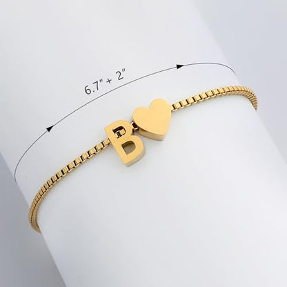 Gold Initial Bracelet for Women Dainty Personalized Name Bracelet | 14K Gold Plated, Letter A-Z Bracelet, Tiny Gold Initial Cute Heart Bracelet Jewelry Gift - color: B