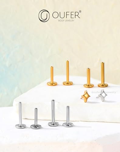 OUFER G23 Titanium Threadless Labret Studs – Flat Back Push Pin Earrings for Tragus, Helix, Monroe, Conch, Lip Piercing – 16G/18G, 6MM/8MM - color: Gold-4Star, size: 20g 10mm