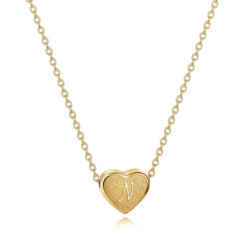 18k Gold Plated Heart Pendant Letter Necklaces for Girls Stainless Steel Initial Necklace for Women Birthday Gifts for Girls Women - color: Brushed Gold, style: Letter N