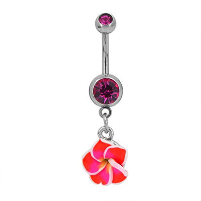 Assorted Set 14 Gauge 3/8 Inch 316L Surgical Steel Barbell Belly Button Navel Rings Dangles Boho Hawaiian Plumeria Flower - style: 4 Belly Dangle