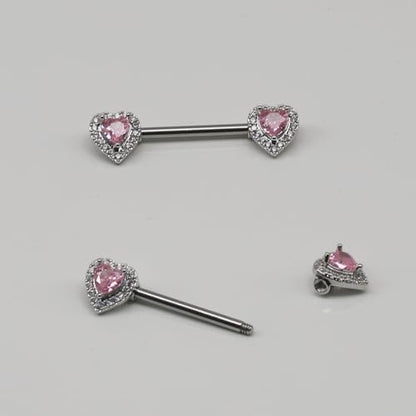 BSJ4U Nipple Ring and Belly Button Ring Set 14G Stainless Steel Sparkly Pink CZ Heart Bar Barbell Nipple Belly Piercing Body Jewelry - style: Cute