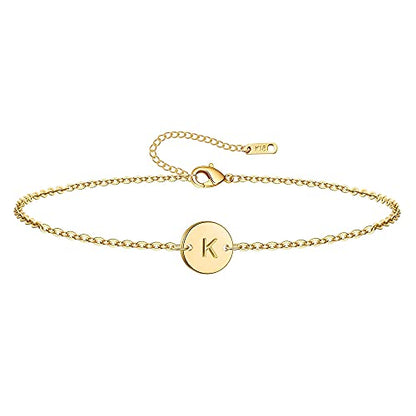 Ovian Initial Charm Bracelet for Women 18K Gold Plated stainless steel Coin Disc Engraved Letter Bracelet Personalized Monogram Name Bracelet - color: K