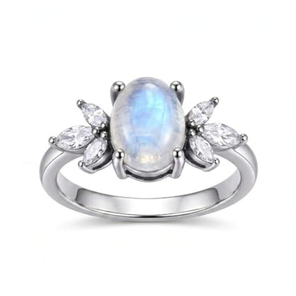 MRENITE Oval Floral Ring for Women S925 Sterling Silver Gemstone Ring for Her Anniversary Birthday Engagement Promise Jewelry Gift - color: Moonstone