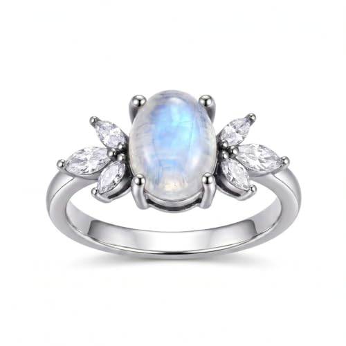 MRENITE Oval Floral Ring for Women S925 Sterling Silver Gemstone Ring for Her Anniversary Birthday Engagement Promise Jewelry Gift - color: Moonstone