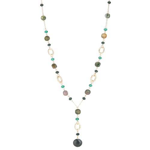 FULU AUTUMN Long Gold Beaded Necklaces for Women Natural Stone Bead Statement Pendant Necklace Y Sweater Chain Fashion Jewelry Gifts - color: Green