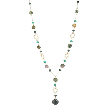 FULU AUTUMN Long Gold Beaded Necklaces for Women Natural Stone Bead Statement Pendant Necklace Y Sweater Chain Fashion Jewelry Gifts - color: Green