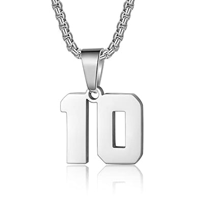Susook Number Necklace for Boy Black Athletes Number Stainless Steel Chain 00-99 Number Charm Pendant Personalized Sports Jewelry for Men Basketball Baseball Football - color: Silver, style: 10