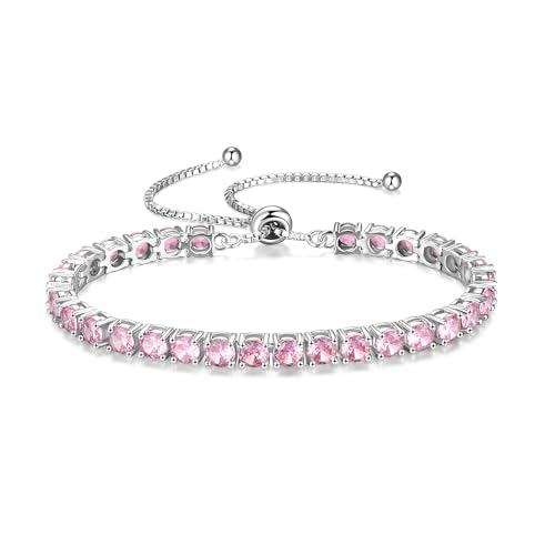 FANCIME Birthstone Bracelet Jewelry for Women Sterling Silver Tennis Bracelet Classic Bolo Adjustable Chain Fine Jewelry Anniversary Birthday Gifts for Women Mom Wife Her - color: 10-Pink Tourmaline
