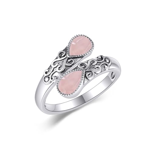 Ring for Women Sterling Silver Adjustable Band Open Rings Jewelry Gifts for Girls - style: Rose Quartz