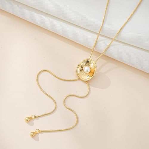 Lariat Necklace for Women 14K Gold Plated Dainty Gold Long Chain Pearl Y Necklace Boho Statement Jewelry for Wedding Prom
