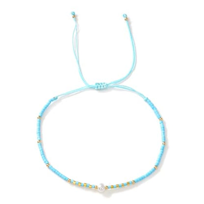 Boho Colorful Glass Gold Plated Seed Beaded Bracelets or Women, Handmade Romantic Freshwater Pearl Adjustable String Braided Rope Jewelry, Summer Beach Daily Party Friendship Gift - color: Blue