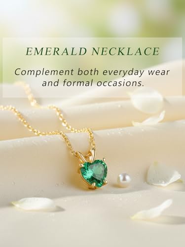 CYW Genuine Sapphire/Emerald/Ruby/Moissanite Necklace for Women, Really Authentic Solid 925 Sterling Silver, 16"/18"/20" Adjustable Chain, Anniversary Mother's Day Valentines Gift - color: Emerald - Heart - Yellow Gold, size: 8mm
