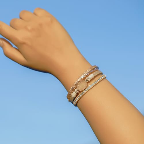 Boho Chunky Leather Wrap Bracelets Stackable Beaded Western Country Jewelry | Crystal Bead Trendy Layered Cuff Magnetic Clasp Stack Bohemian Statement Costume Outfits Cowgirl Fashion Hippie Accessories - color: Cream, size: 7.7"