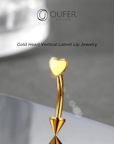 OUFER Rook Piercing Jewelry, G23 Solid Titanium Eyebrow Rings, Heart Vertical Labret Lip Jewelry, 16G Curved Barbells, Daith Rook Earrings for Women Men - color: Gold Heart, size: 16G 8mm