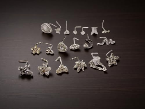 20Pcs L Shaped Nose Studs Set, Stainless Steel & Copper Zircon Inlaid Nose Piercing Jewelry Mixed Flower Moon Snake Heart Star Tiny Nose Pins Unisex for Nostril Piercings - color: Steel Silver
