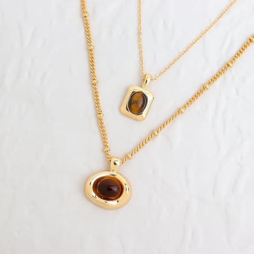 Jean Beau Gold Stone Pendant Necklaces for Women, Chunky Gemstone Dangle Necklace Wedding Prom Fashion Jewelry Gift - color: Square Brown