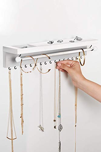 Rustic White Necklace Jewelry Organizer - Wall Mount Jewelry Holder - Mounted Hanging Jewelry Storage Hooks for Necklace, Earrings, and Rings - Farmhouse Wood Decor Bedroom Boho Shelf Rack - style: Rustic - Whitewashed Wood