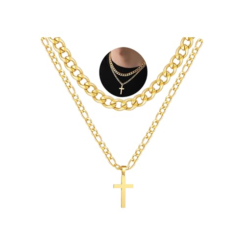 WEDDINEN Cross Necklace for Men Boys, Stainless Steel Layered Cross Pendant Cuban/Figaro Chains Christmas Jewelry Gifts - color: Silver, size: 16in/18in