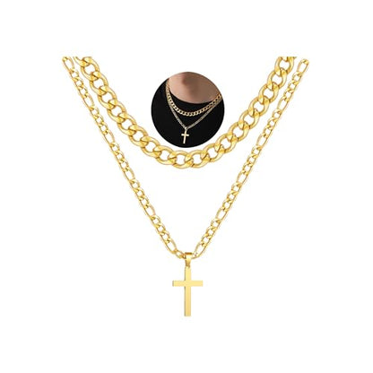 WEDDINEN Cross Necklace for Men Boys, Stainless Steel Layered Cross Pendant Cuban/Figaro Chains Christmas Jewelry Gifts - color: Silver, size: 16in/18in
