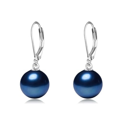 925 Sterling Silver Pearl Leverback Earrings Dangle Drop Jewelry Gifts for Women - style: Navy Blue Pearl
