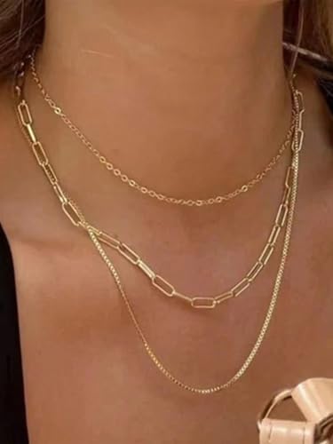 3PCS Waterproof Gold Necklace Layered Necklaces for Women Non Tarnish,14k Gold Plated Stainless Steel Dainty Stack Thin Chain Necklace Set for Women Gifts Jewelry - color: Gold