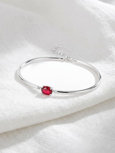 Moissanite/Sapphire/Ruby/Emerald Cuff Bracelet 1 Carat Oval Cut Center Stone Inlaid 925 Sterling Silver 14K Gold Plated Adjustable Birthstone Bangle for Women fit Wrist 5-7.5 Inch - color: Ruby Silver