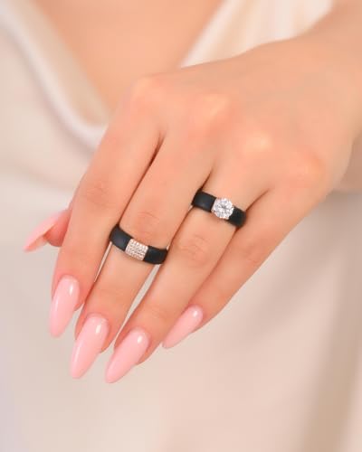 Rinfit Silicone Ring with Stone, Round Cut CZ | AAAAA Grade Cubic Zirconia, Solitaire Engagement Ring for Her, Flexible Rubber Wedding Band for Women, Patented Design - color: Pack O: Black / Rose Gold