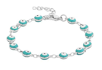 Women's Charm Enamel Evil Eye Protection Link Chain Bracelet - color: Silver,Turquoise