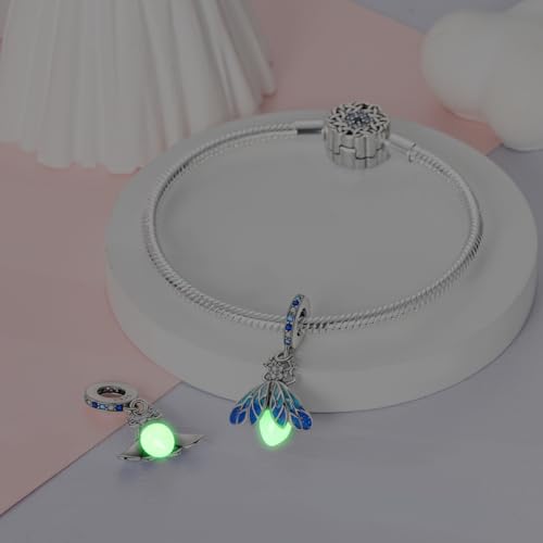 Hapour 925 Sterling Silver Charms for Bracelet Necklace Dangle Pendant Bead | Bear Charm, Elephant Zebra Cat Dream catcher Family Birthday European Jewelry Charm, For Women Mom - color: Blue Glow-in-the-dark Fireflies