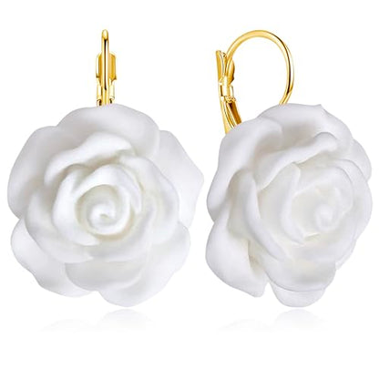 Handmade Bohemian Aesthetic Dainty Acrylic Flower Petal Leverback Earrings Sparkly 14K Gold Floral Dangle Drop Earrings for Women - color: Pure White
