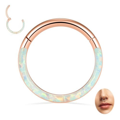 Opal Septum Jewelry Surgical Steel Septum Ring Daith Rook Tragus Earring | Hinged Segment Nose Hoop Ring,Hypoallergenic Septum Piercings for Women,Conch Cartilage Helix Jewelry,Diameter 6mm to 10mm - color: Rose Gold,White Opal, size: 16G 8mm