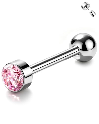 Jewseen ASTM F136 Hypoallergenic Titanium Super Light Tongue Ring Cute Crystal Internally Threaded 14G 16mm Piercing Jewelry-TIMELESS COLLECTION - color: Dream Pink
